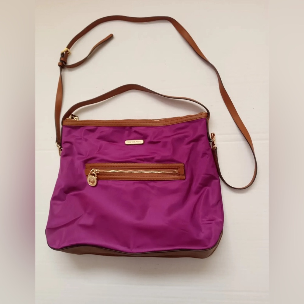 Michael Kors Kempton Nylon and Leather Crossbody in PURPLE and BROWN